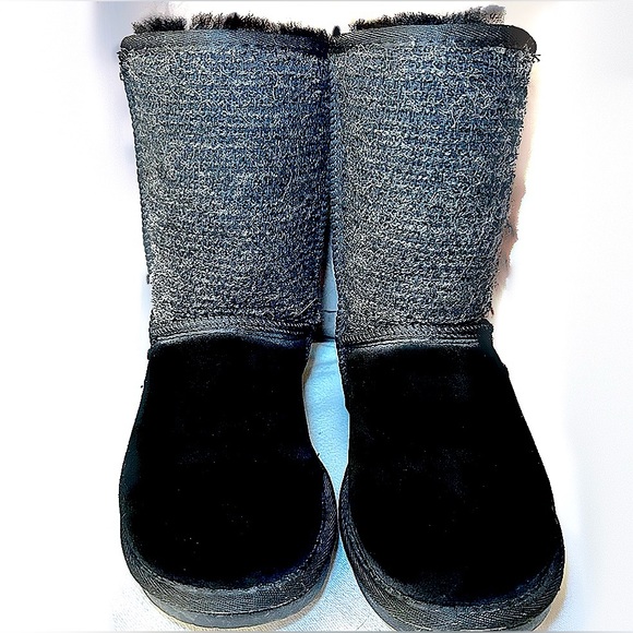 Minnetonka Tall Suede Tweed Boots Sheepskin/ Wool Lining Black 8 - Picture 2 of 9